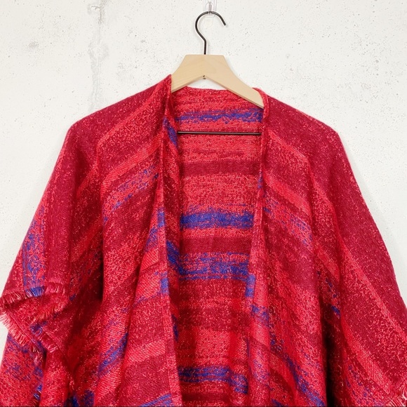 Lucky Brand Oversize Red Blue Plaid Shawl Poncho - Picture 2 of 4